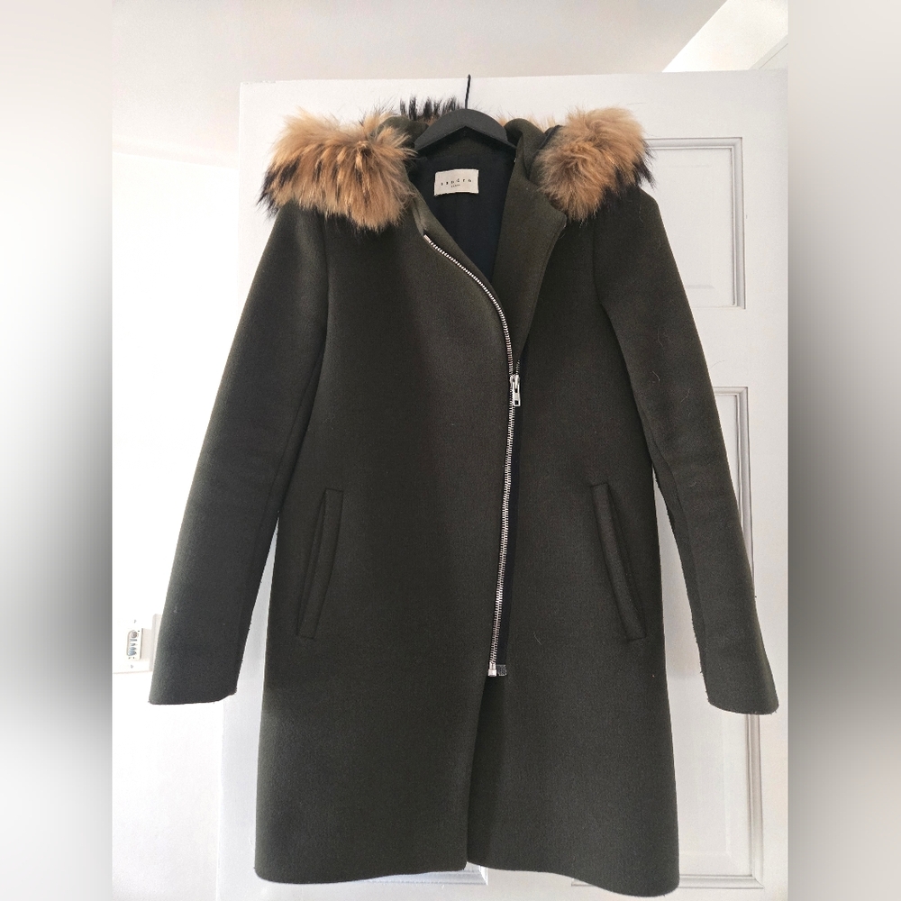 Sandro Dark Green Coat with Fur Trim
